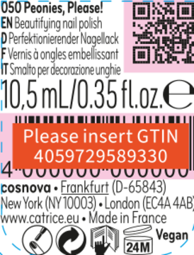 Etykieta lakieru Catrice Sheer Beauties 050 Peonies, Please!, z komunikatem "Please insert GTIN 4059729589330".