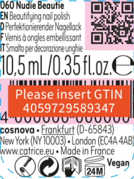 Zbliżenie etykiety lakieru Catrice Sheer Beauties 060 Nudie Beautie, wzmacniający, wegański. Widoczny kod GTIN i QR.