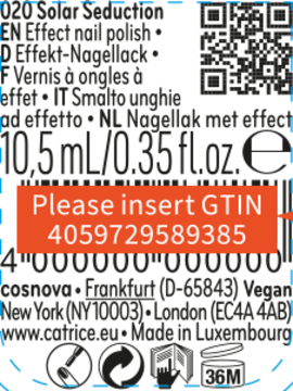 Tył etykiety wegańskiego lakieru Catrice Aura Glam Solar Seduction z efektem, widoczny kod GTIN 4059729589385.