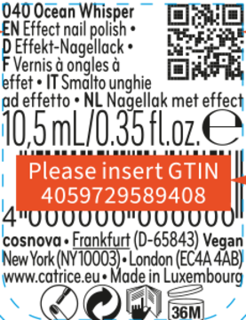 Tył etykiety lakieru Catrice Aura Glam Ocean Whisper, ciemne tło z białym tekstem 'Effect nail polish', 10.5ml.