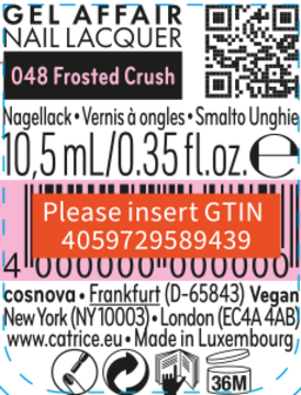 Lakier Catrice Gel Affair Frosted Crush 048, butelka z przodu, chłodny róż z żelowym połyskiem.