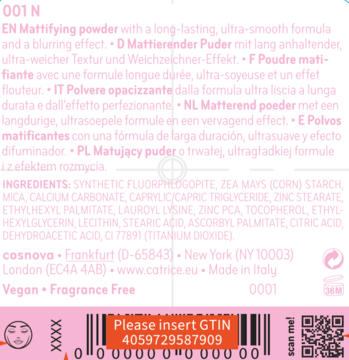 Tył różowego opakowania Catrice Soft Blur Puder matujący z opisem składników, kodem kreskowym i QR.