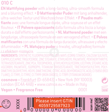 Tył różowego opakowania pudru matującego Catrice Soft Blur. Widoczne szczegółowe składniki, kod kreskowy i QR.