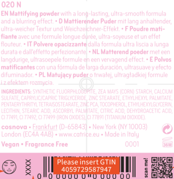 Tył różowego opakowania pudru matującego Catrice Soft Blur, z opisem produktu i kodem kreskowym GTIN 4059729587947.