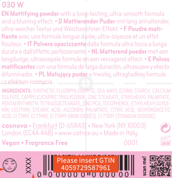 Tył czarnego opakowania pudru Catrice, różowy tekst, składniki, info producenta i kod GTIN 4059729587961.