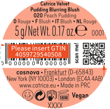 Tył kremowego różu Catrice Velvet Pudding 020 Peach Pudding. Widoczne GTIN 4059729540508, waga, Made in PRC.