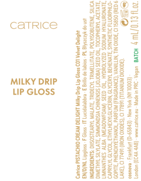 Błyszczyk Catrice Milky Drip Lip Gloss, prawa strona opakowania z gęstą listą złotych składników na czarnym tle.