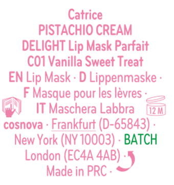 Różowy tekst Catrice PISTACHIO CREAM DELIGHT Lip Mask Parfait C01 Vanilla Sweet Treat na czarnym tle z ikonami.