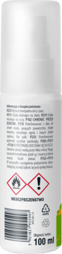 Tył białej butelki z rozpylaczem 100 ml, z polskimi ostrzeżeniami bezpieczeństwa i piktogramami zagrożenia.
