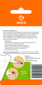 Tył opakowania karty VACO do usuwania kleszczy. Pomarańczowe tło, instrukcja użycia i grafika z kleszczami.