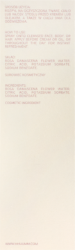 Tył organicznego hydrolatu z róży damasceńskiej. Jasny tekst z instrukcjami użycia i składem na beżowym tle.