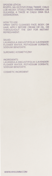 Tył opakowania hydrolatu lawendowego. Widoczne instrukcje użycia i pełna lista składników.