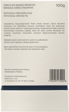 Tył białego opakowania świecy do masażu Incentive Patchouli Orchid Fig 100g z listą składników i kodem kreskowym.