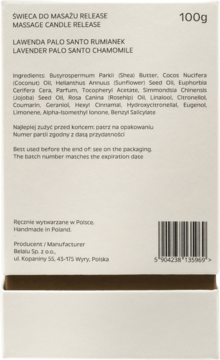 Tył białego opakowania świecy do masażu Release Lawenda Palo Santo Rumianek, z listą składników.