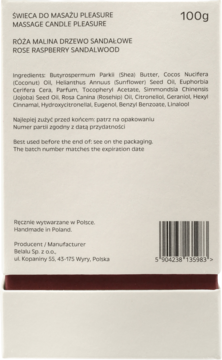 Tył opakowania świecy do masażu Pleasure Róża Malina Drzewo Sandałowe 100g ze składnikami i kodem EAN.