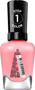 Tył różowego lakieru Sally Hansen Miracle Gel 341 Pink an Outfit. Na czarnej zakrętce "STEP 1 COLOR".