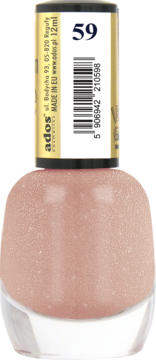 Ados Premium Line lakier do paznokci nr 59, beżowy z brokatem, w butelce, widok z przodu, wysoki połysk.