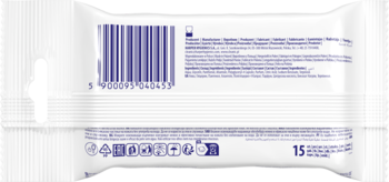 Tył białego opakowania nawilżanych chusteczek, z niebieskim kodem kreskowym, tekstem i symbolami u dołu.