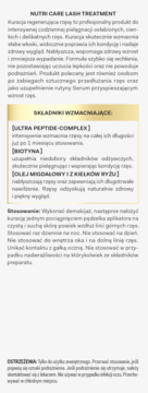 NUTRI CARE LASH TREATMENT: Ulotka z opisem serum do rzęs, składnikami aktywnymi i zastosowaniem, na białym tle.