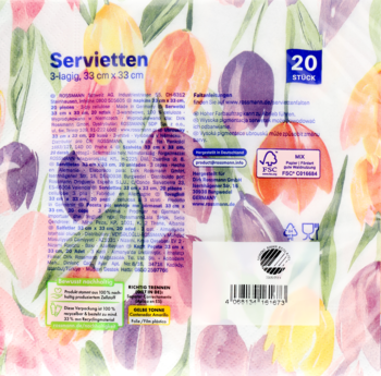 Tył opakowania serwetek z motywem kolorowych tulipanów, widoczny kod kreskowy i informacja o 20 sztukach.