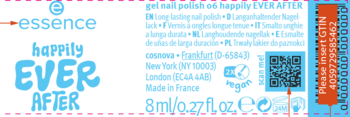 Etykieta żelowego lakieru Essence Happily Ever After 8ml, z logo Vegan i QR kodem, niebiesko-pomarańczowa grafika.