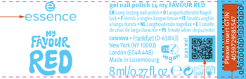 Etykieta żelowego lakieru do paznokci Essence My Favour Red na czarnym tle, widoczny QR kod i GTIN.