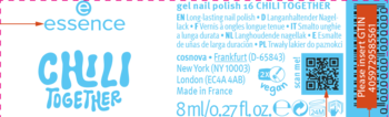 Essence Chili Together żelowy lakier do paznokci 8ml, czarna etykieta z niebieskimi napisami i kodem QR.