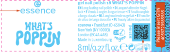 Etykieta Essence What's Poppin żelowy lakier do paznokci 8ml, niebieski napis na czarnym tle, kod QR.