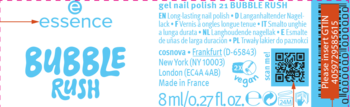 Czarna etykieta żelowego lakieru Essence Bubble Rush, niebieski tekst, QR kod, symbol wegański.