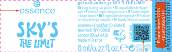 Etykieta żelowego lakieru Essence Sky's The Limit: czarne tło, niebieskie litery, skład, kod QR.