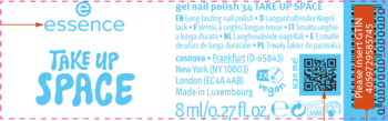 Etykieta Essence Take Up Space żelowy lakier do paznokci: czarne tło, niebieski tekst, kod QR, 8ml.