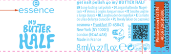 Etykieta lakieru żelowego Essence My Butter Half 8ml. Błękitne napisy na czarnym tle, widoczny kod QR i pasek produktu.