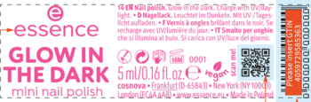 Label Essence Glow In The Dark mini nail polish: pink text on black, with QR code, barcode, and vegan symbol.
