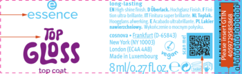 Różowo-niebieska etykieta Essence Top Gloss, top coat z żelowym efektem, napisy, logo i kod QR.