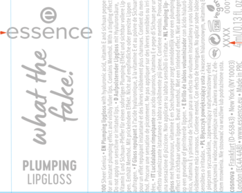 Fragment czarnej etykiety Essence What The Fake! Plumping Lipgloss 4ml, z białym tekstem.