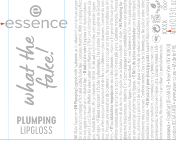 Powiększający błyszczyk Essence What The Fake!, czarna etykieta z białym napisem i logo, widok z przodu.
