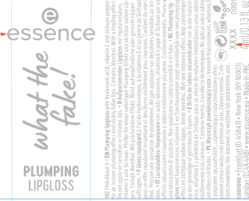 Czarny, błyszczący label błyszczyka Essence What The Fake! Plumping Lipgloss, widok z bliska z logo i nazwą.