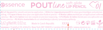 Tył opakowania Essence POUTline Lip Pencil 01. Różowy tekst, waga 0.62g na czarnym tle.