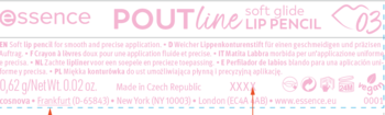 Etkieta konturówki Essence POUTline 03 soft glide, różowy napis na czarnym tle, szczegóły produktu.
