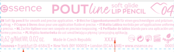 Tył opakowania konturówki Essence POUTline soft glide LIP PENCIL w odcieniu Cocoa Me Crazy, z różowym napisem.