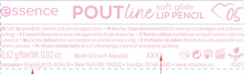 Etykieta konturówki Essence POUTline soft glide LIP PENCIL 05, różowy napis na czarnym tle, widok z przodu.