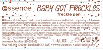 Tył opakowania Essence Baby Got Freckles freckle pen. Jasnobrązowy tekst, szczegóły produktu i składniki.