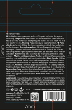 Tył opakowania plastrów na wypryski Essence Spot Squad Holo, z listą składników i instrukcjami.