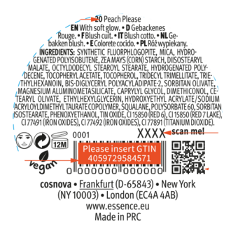 Okrągła, czarna etykieta wegańskiego różu Essence Soft Baked Peach Please, widok z tyłu z numerem GTIN.