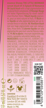 Tył różowego opakowania Essence Disney serum blush A Splash Of Romance z listą składników i kodem kreskowym.