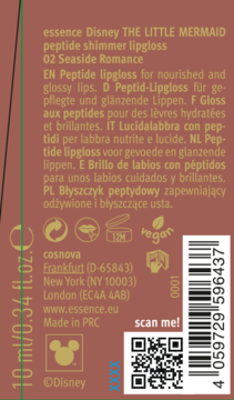 Tył brązowego opakowania błyszczyka Essence The Little Mermaid 02 Seaside Romance, 10 ml, z opisem i kodem QR.