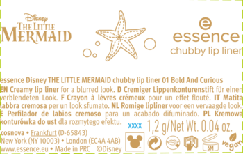 Etykieta essence Disney The Little Mermaid, chubby lip liner 01 Bold and Curious, czarno-złota z rozgwiazdą.