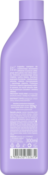 Tył lawendowej butelki szamponu 300ml z etykietą zawierającą składniki, instrukcje i kod kreskowy.