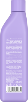 Tylna strona fioletowej butelki szamponu EKODOS 300ml z polskim tekstem o składnikach i kodem kreskowym.
