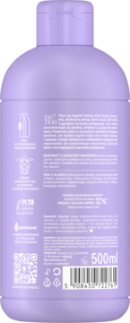 Tył fioletowej butelki płynu do kąpieli Neboa Kids Winogronowy Mus 500ml z etykietą, składem i kodem kreskowym.